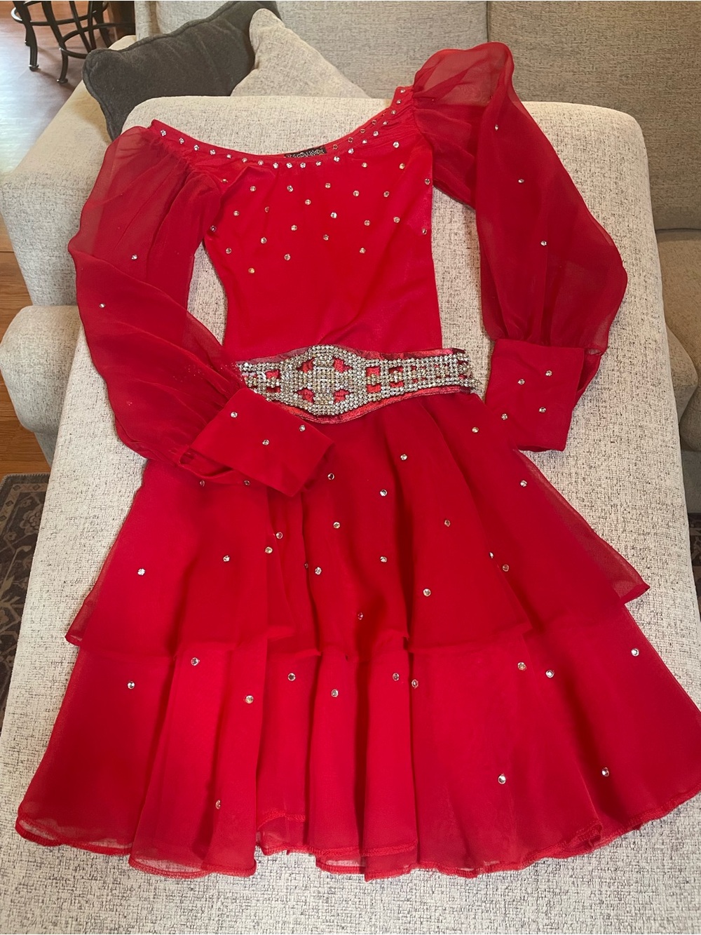 Red Sparkly Dance Costume Youth Large Sheer Sleeves